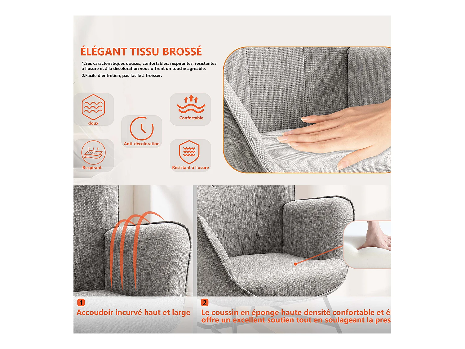 Fauteuil à bascule style Rocking chair - Style Scandinave - Tissu gris clair - Pieds en véritable bois de hêtre - 68x 85x96cm , Gris Tissu