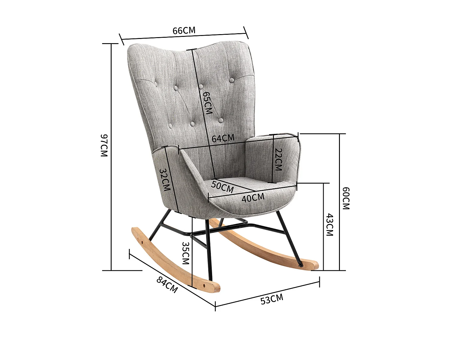 Fauteuil à bascule style Rocking chair - Style Scandinave - Tissu gris clair - Pieds en véritable bois de hêtre - 68x 85x96cm , Gris Tissu