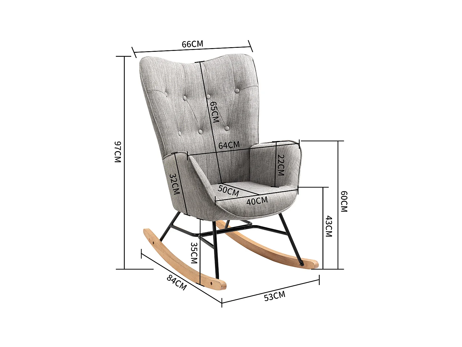 Fauteuil à bascule style Rocking chair - Style Scandinave - Tissu gris clair - Pieds en véritable bois de hêtre - 68x 85x96cm , Gris Tissu