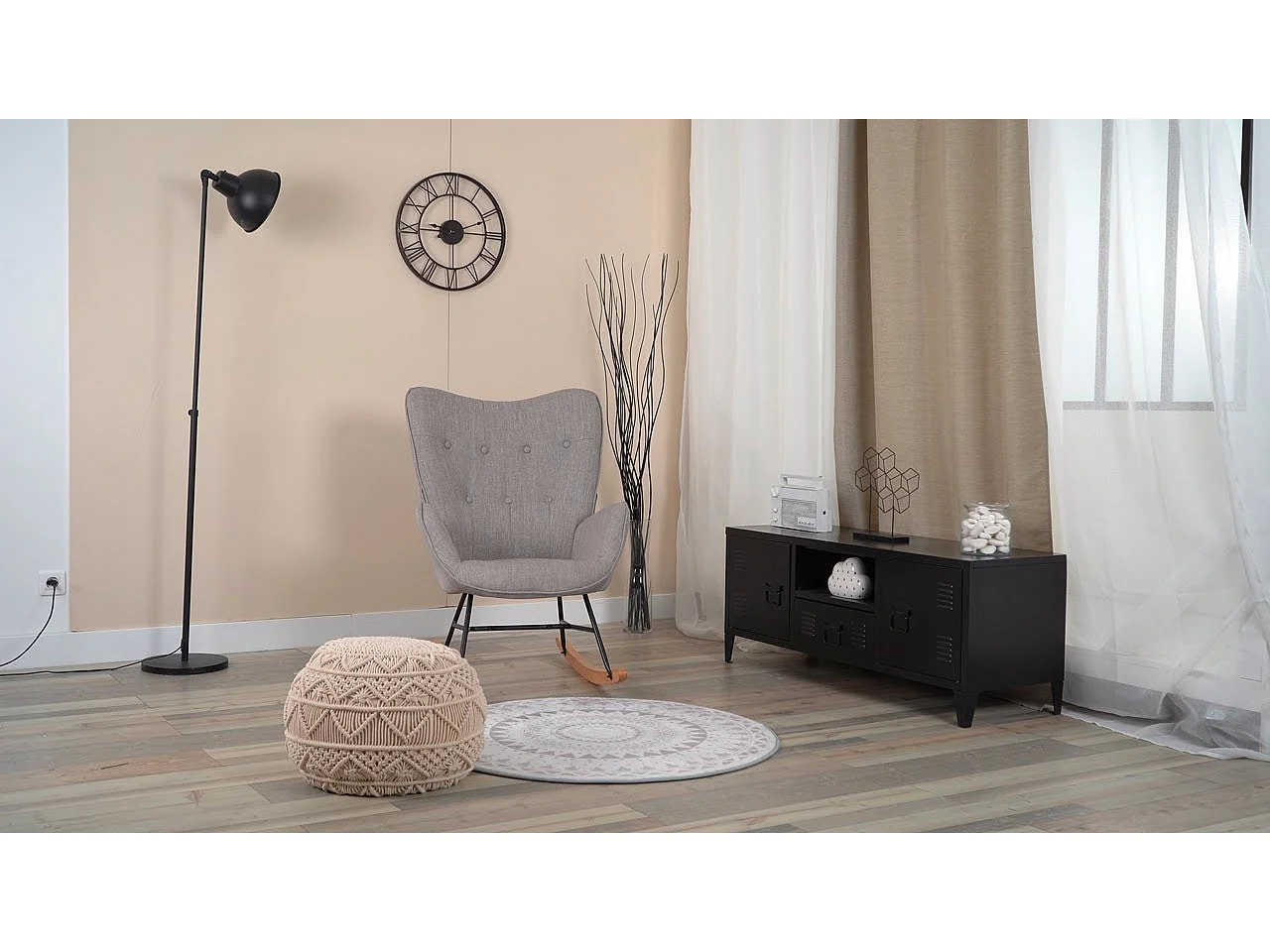 MEUBLES COSY Fauteuil à bascule allaitement rocking chair scandinave en tissu, chaise de loisir avec pieds en bois massif, Gris clair