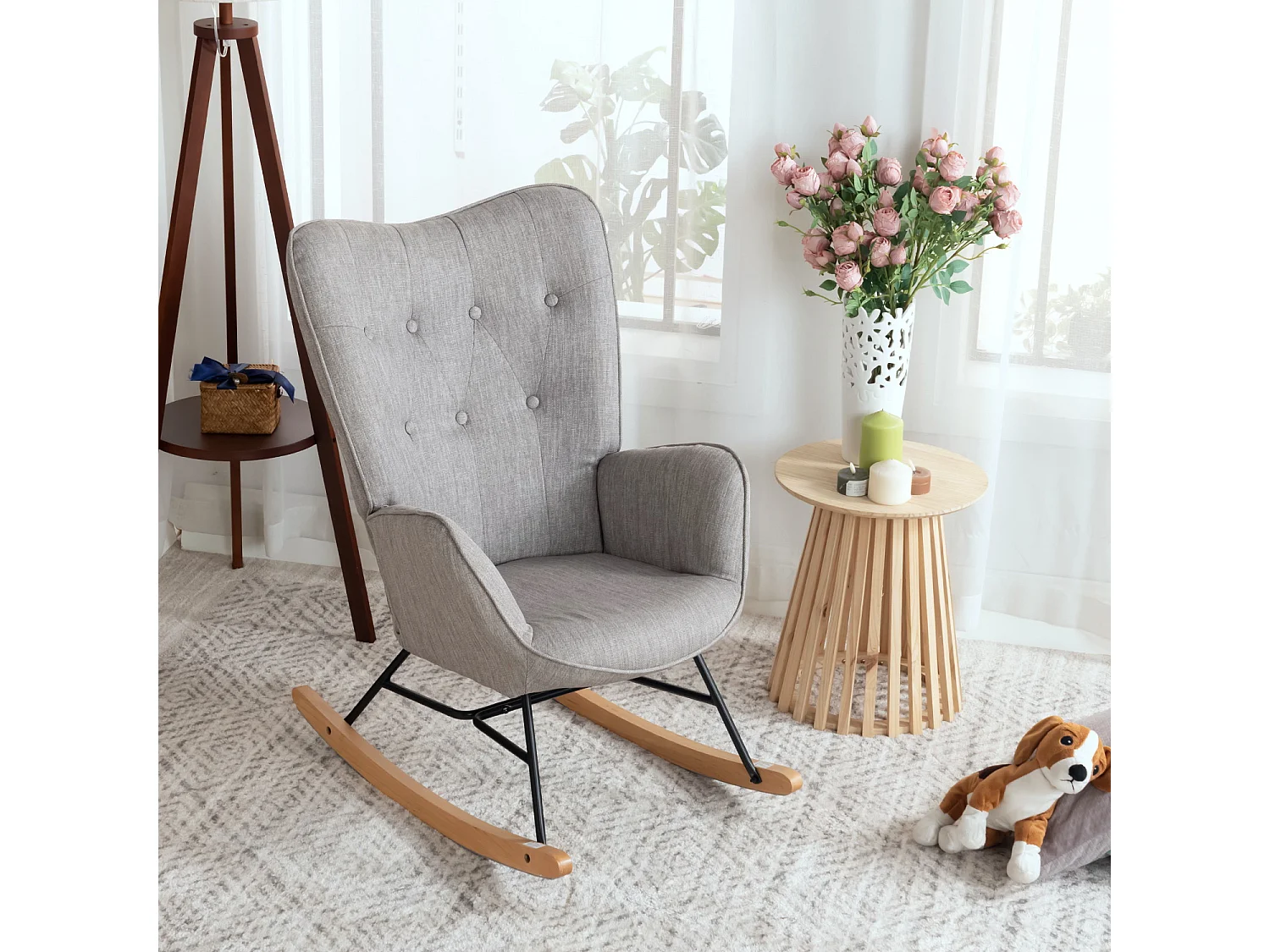 MEUBLES COSY Fauteuil à bascule allaitement rocking chair scandinave en tissu, chaise de loisir avec pieds en bois massif, Gris clair
