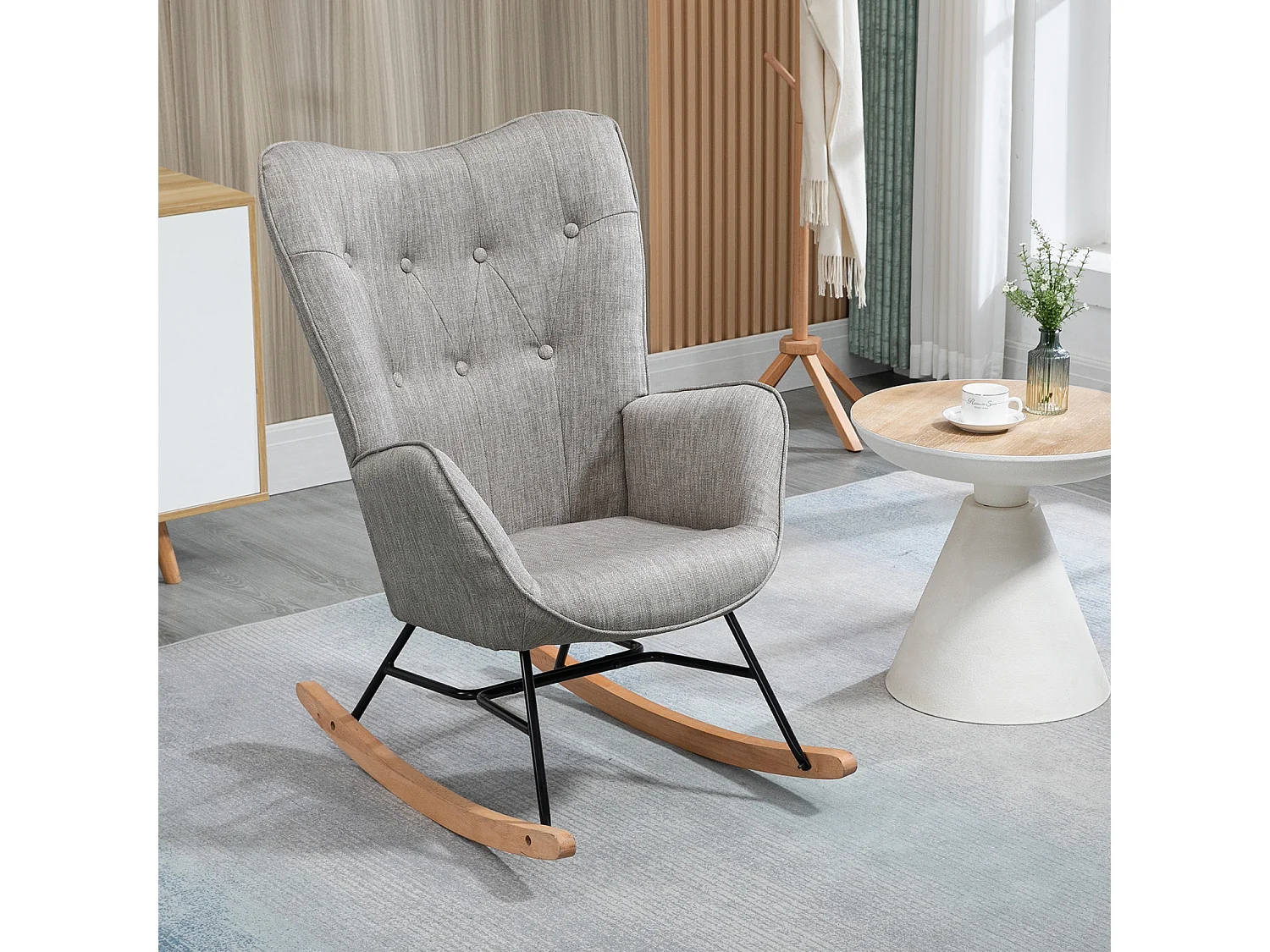 MEUBLES COSY Fauteuil à bascule allaitement rocking chair scandinave en tissu, chaise de loisir avec pieds en bois massif, Gris clair