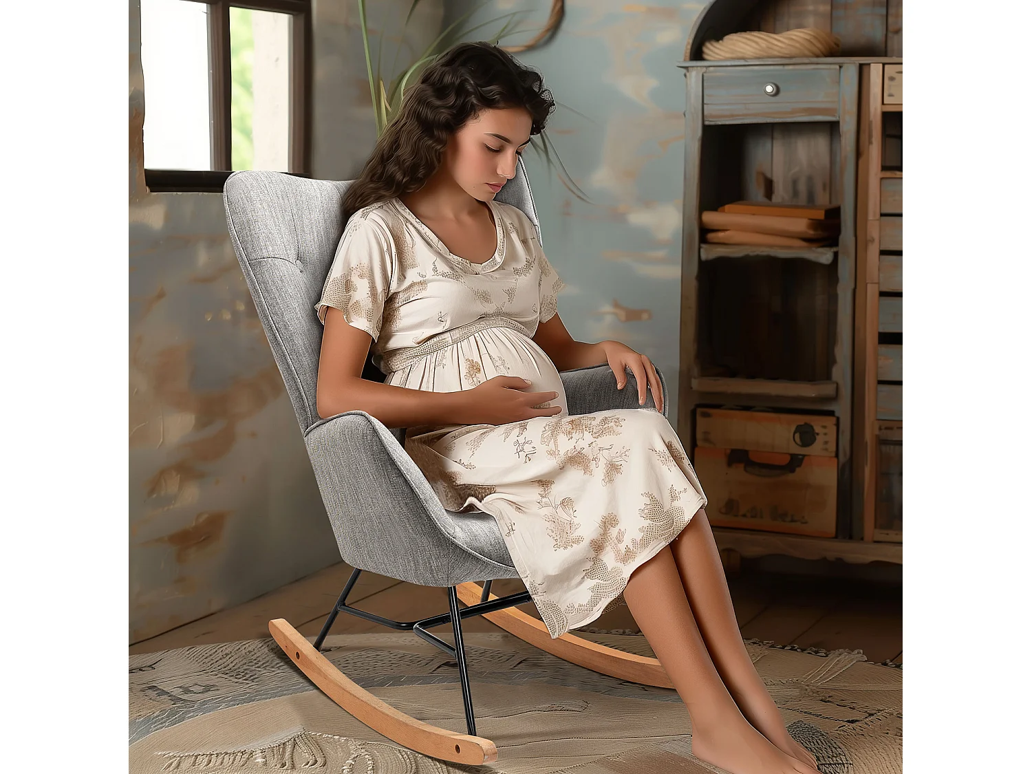 MEUBLES COSY Fauteuil à bascule allaitement rocking chair scandinave en tissu, chaise de loisir avec pieds en bois massif, Gris clair