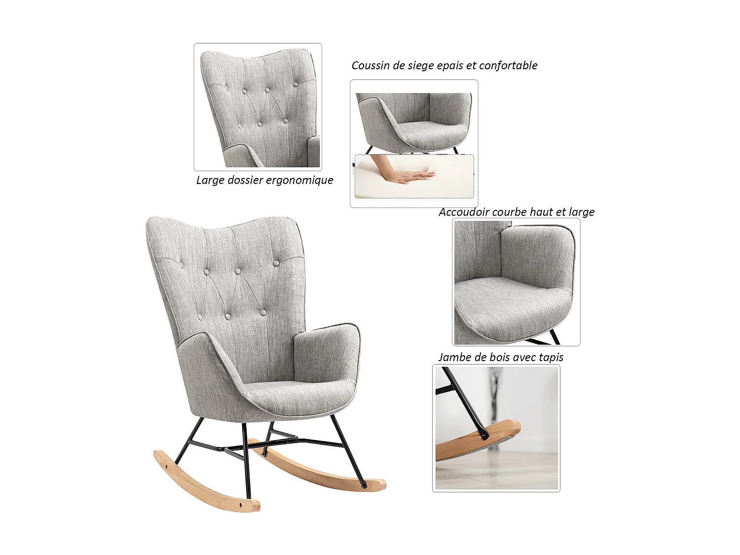 MEUBLES COSY Fauteuil à bascule allaitement rocking chair scandinave en tissu, chaise de loisir avec pieds en bois massif, Gris clair