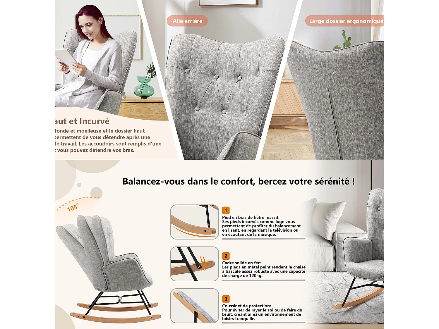 MEUBLES COSY Fauteuil à bascule allaitement rocking chair scandinave en tissu, chaise de loisir avec pieds en bois massif, Gris clair