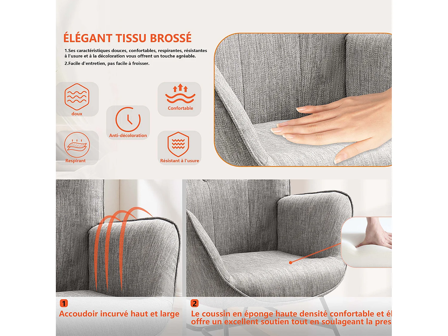 MEUBLES COSY Fauteuil à bascule allaitement rocking chair scandinave en tissu, chaise de loisir avec pieds en bois massif, Gris clair