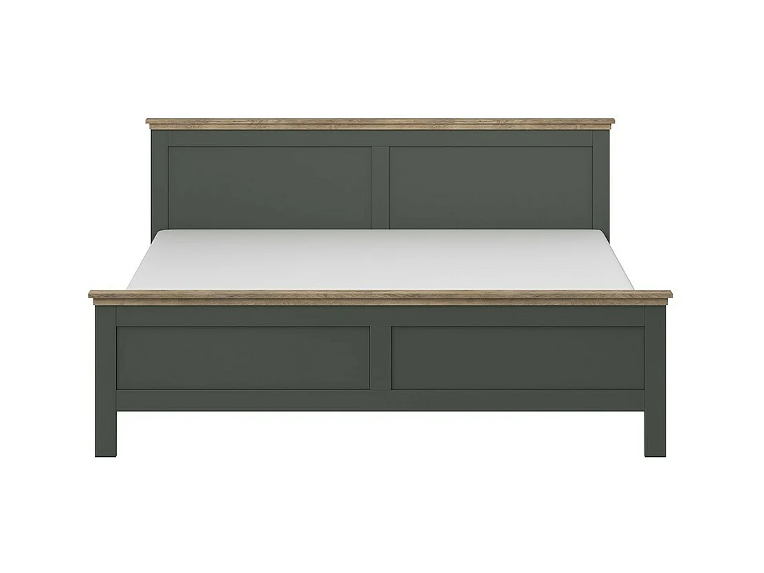 Lit adulte 180x200 collection ASSIA. Coloris vert kaki et  finitions aspect chêne.