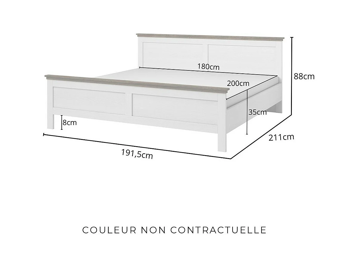 Lit adulte 180x200 collection ASSIA. Coloris vert kaki et  finitions aspect chêne.