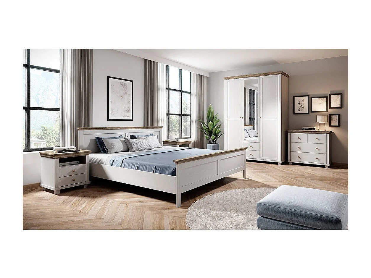 Volwassen bed 180x200 uit de ASSIA collectie. Kleur wit en afwerkingen met eiken effect.