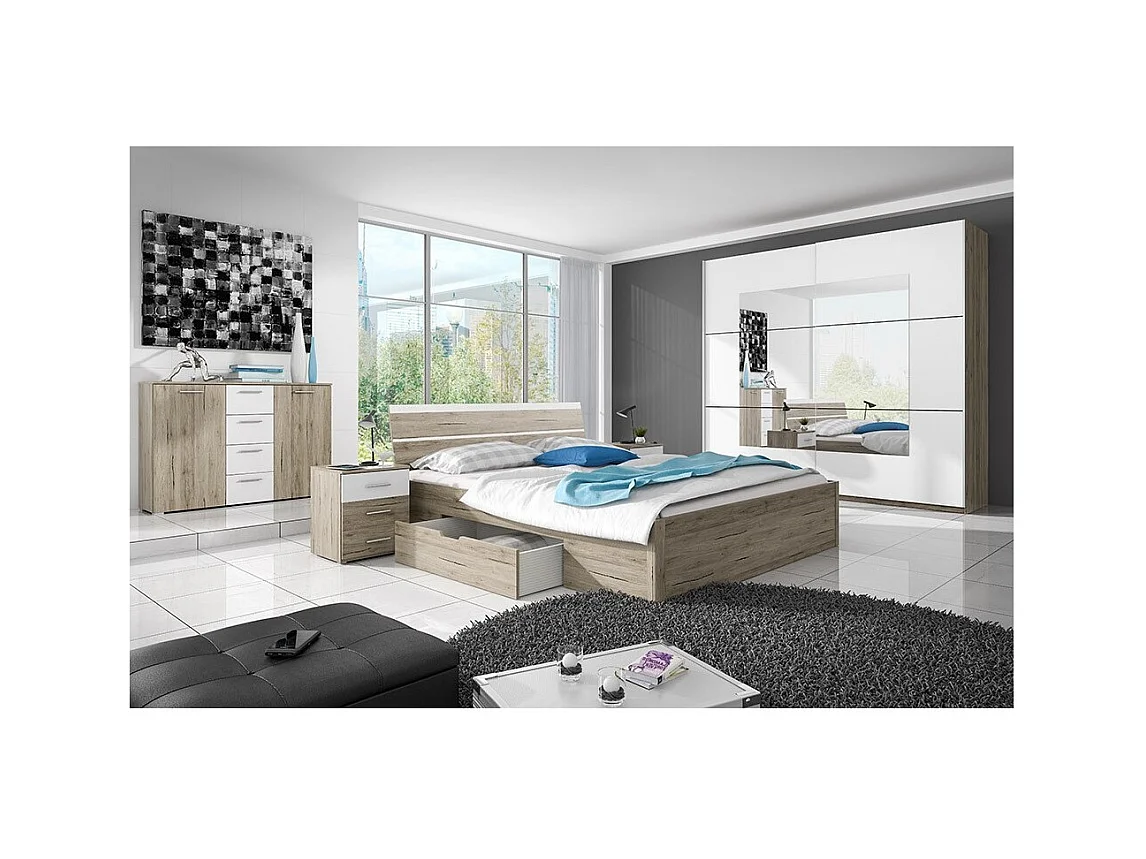 Lit adulte 180x200 avec tiroirs intégrés - Collection EOS. Coloris chêne clair et blanc