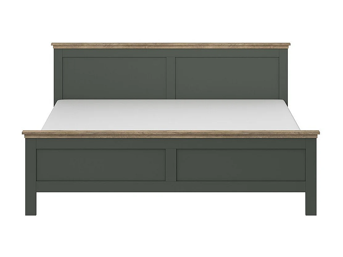 Lit adulte 140x200 collection ASSIA. Coloris vert kaki et  finitions aspect chêne.
