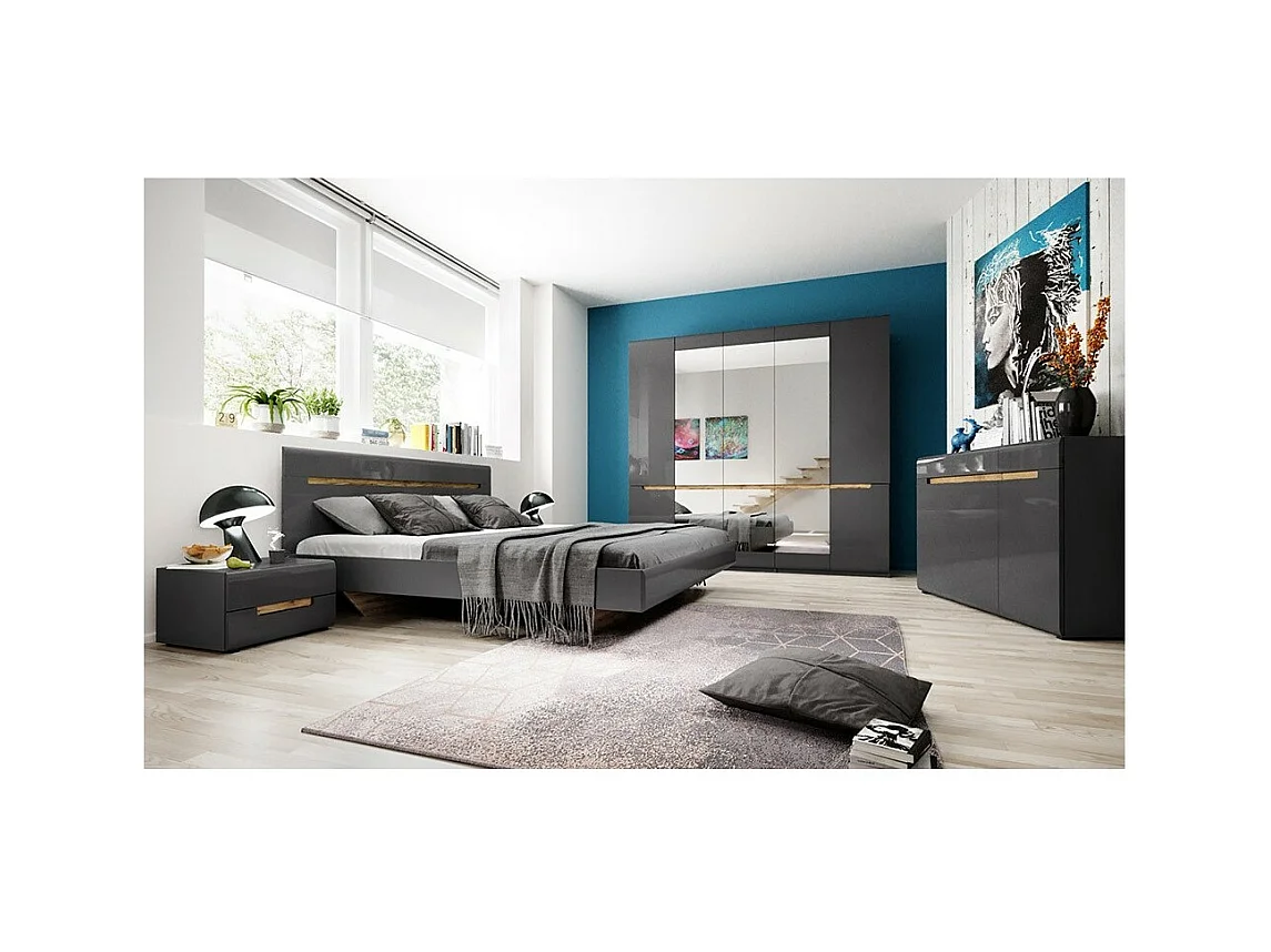 Designerbett für Erwachsene 180x200 aus der Kollektion LUCIA. Farbe Grau und Eiche.