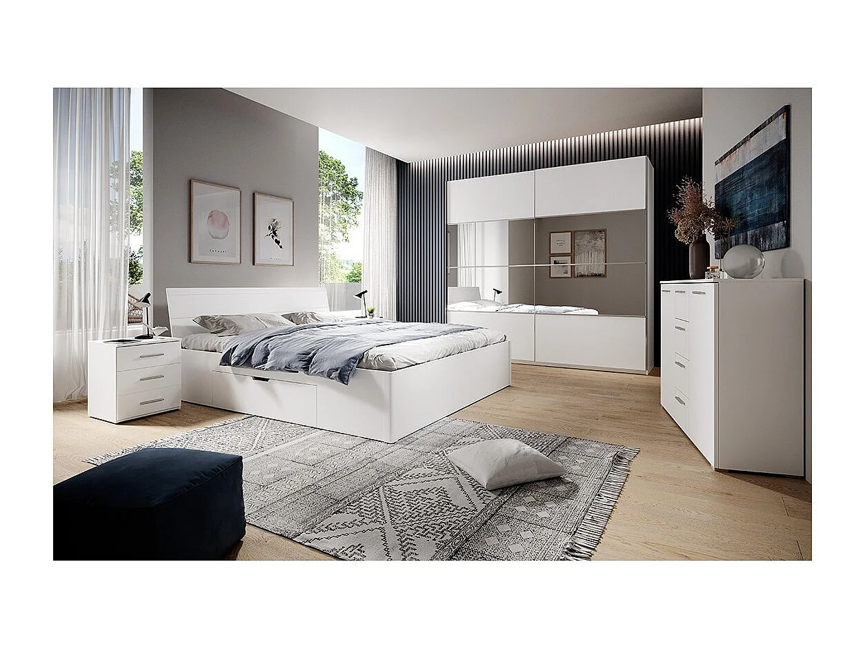 Lit adulte 180x200 avec tiroirs intégrés - Collection EOS. Coloris blanc MAT