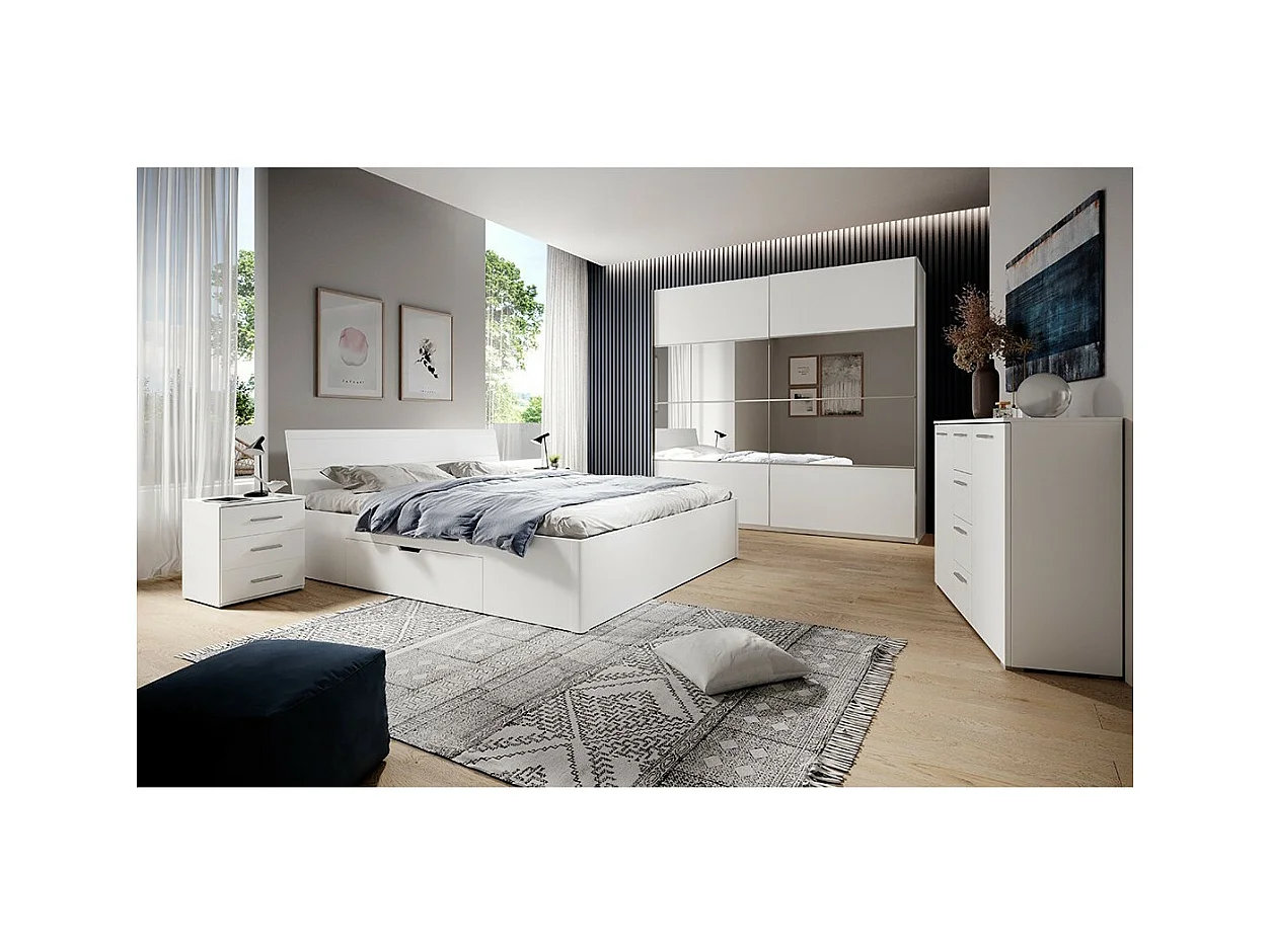 Lit adulte 160x200 avec tiroirs intégrés - Collection EOS. Coloris blanc mat