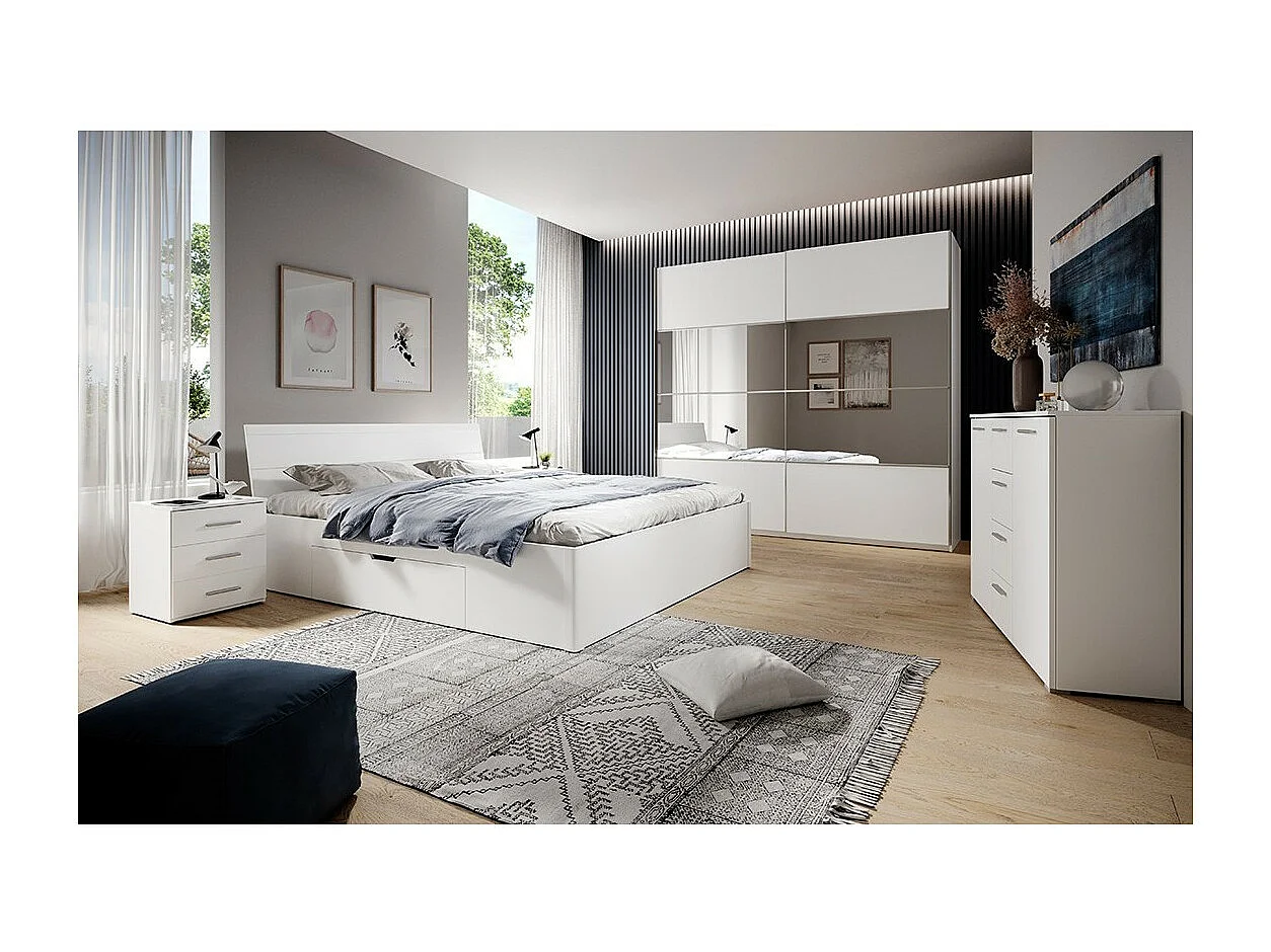 Lit adulte 160x200 avec tiroirs intégrés - Collection EOS. Coloris blanc mat