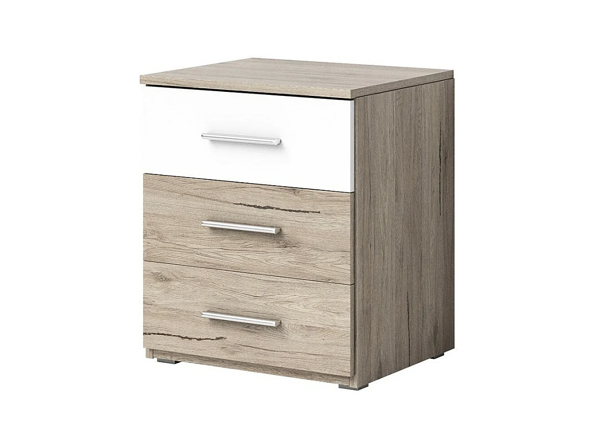 Table de chevet EOS – 3 tiroirs – Chêne clair et blanc – Design moderne