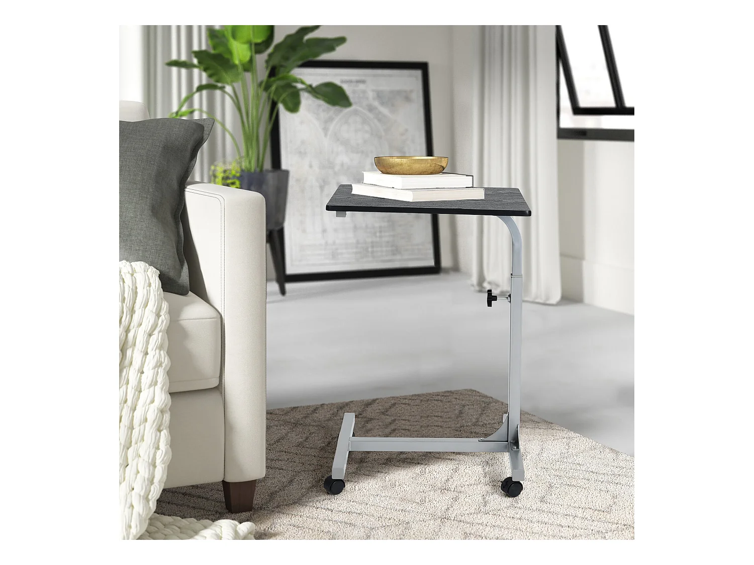 Table de Lit pour Ordinateur Portable Hauteur Réglable 4 roulettes Verrouillables Support Bois Bureau PC, Métal, Noir 2, 48x37x79 cm