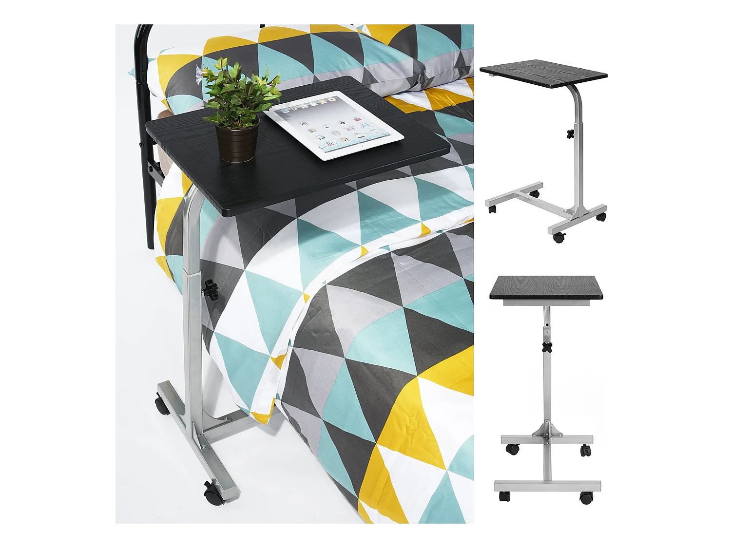 Table de Lit pour Ordinateur Portable Hauteur Réglable 4 roulettes Verrouillables Support Bois Bureau PC, Métal, Noir 2, 48x37x79 cm
