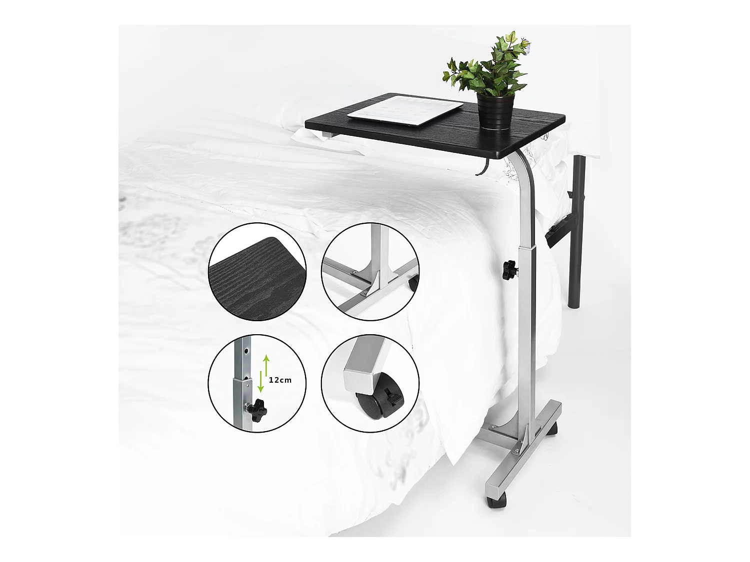 Table de Lit pour Ordinateur Portable Hauteur Réglable 4 roulettes Verrouillables Support Bois Bureau PC, Métal, Noir 2, 48x37x79 cm