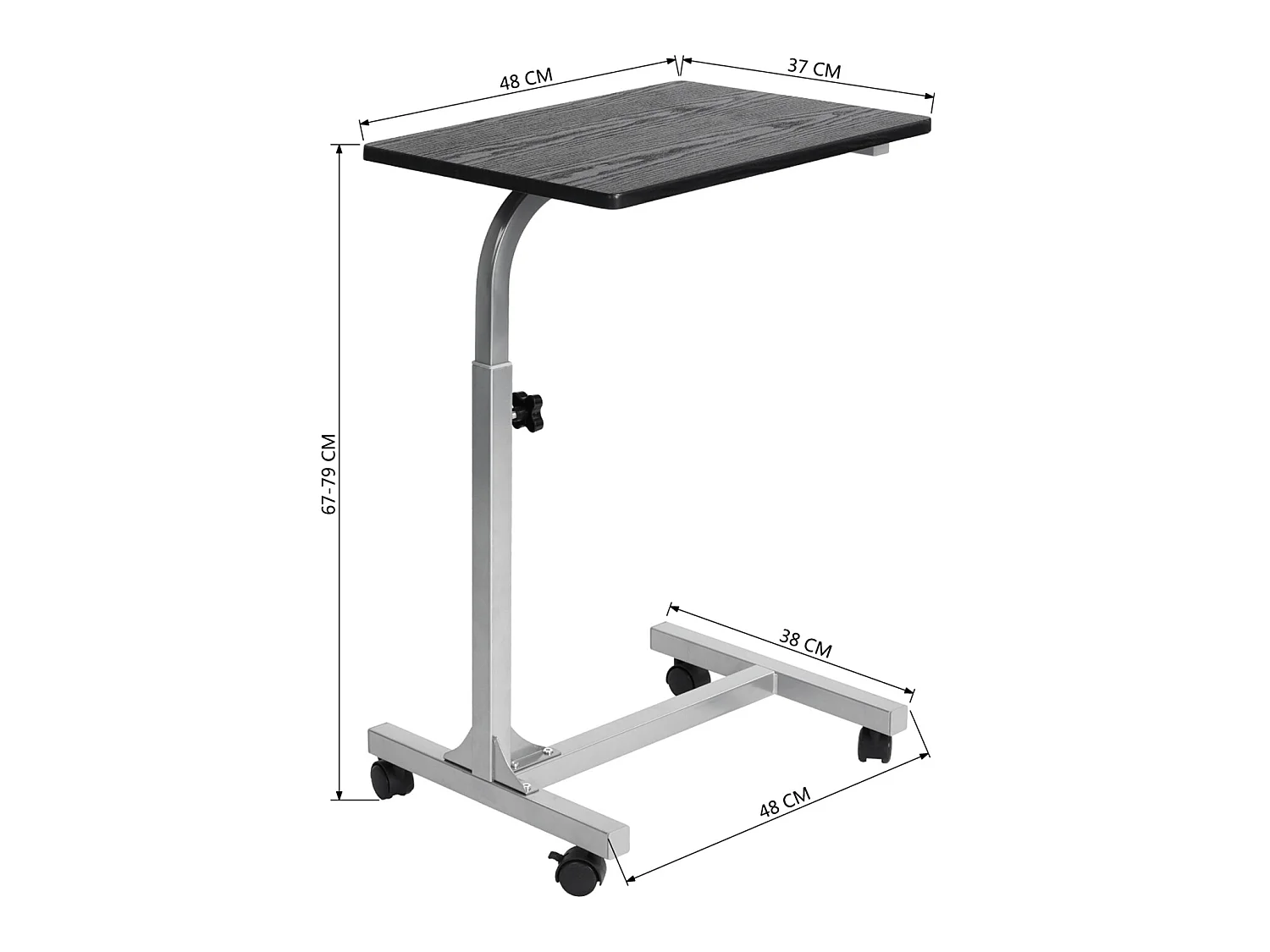 Table de Lit pour Ordinateur Portable Hauteur Réglable 4 roulettes Verrouillables Support Bois Bureau PC, Métal, Noir 2, 48x37x79 cm