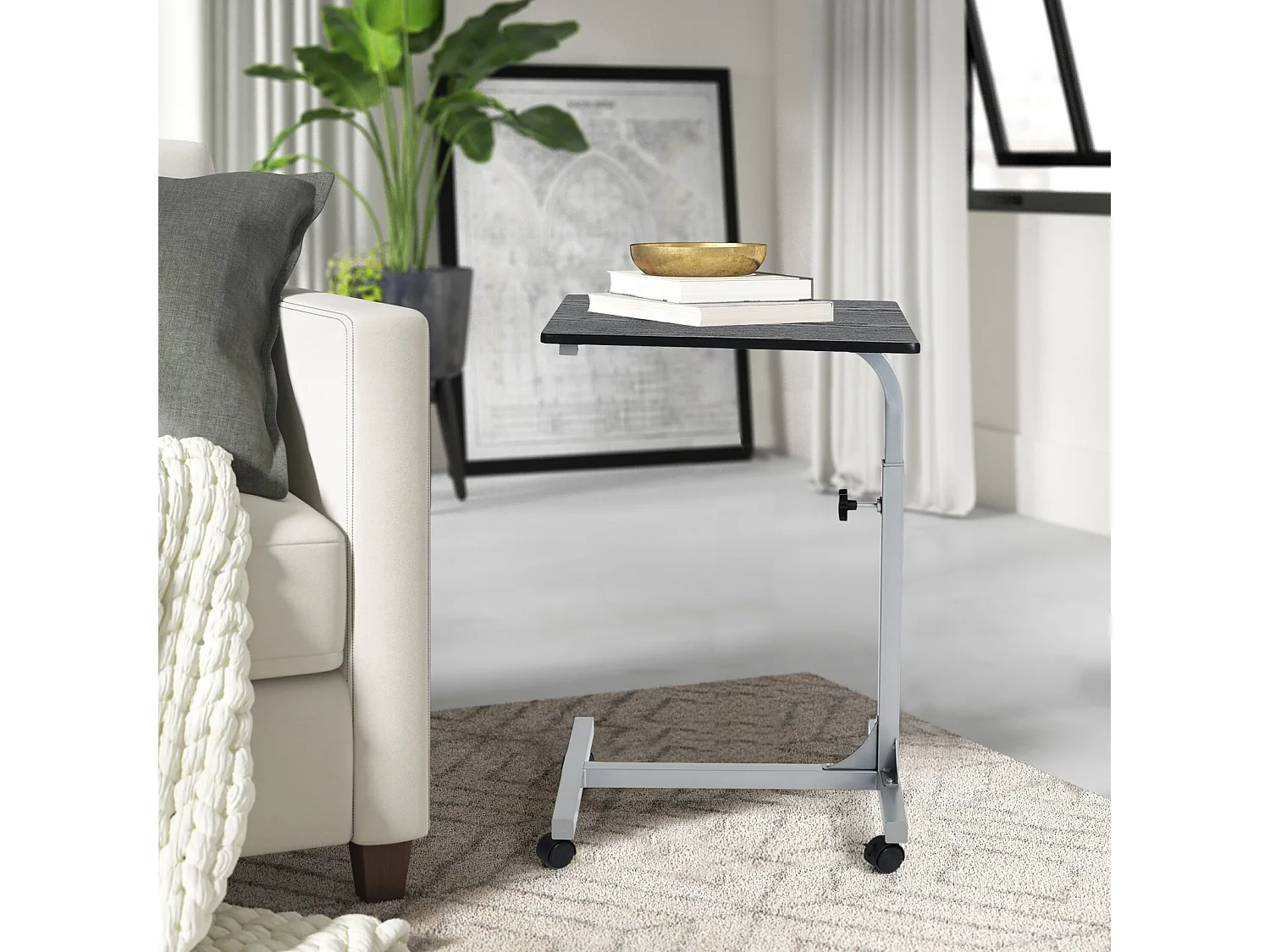 Table de Lit pour Ordinateur Portable Hauteur Réglable 4 roulettes Verrouillables Support Bois Bureau PC, Métal, Noir 2, 48x37x79 cm