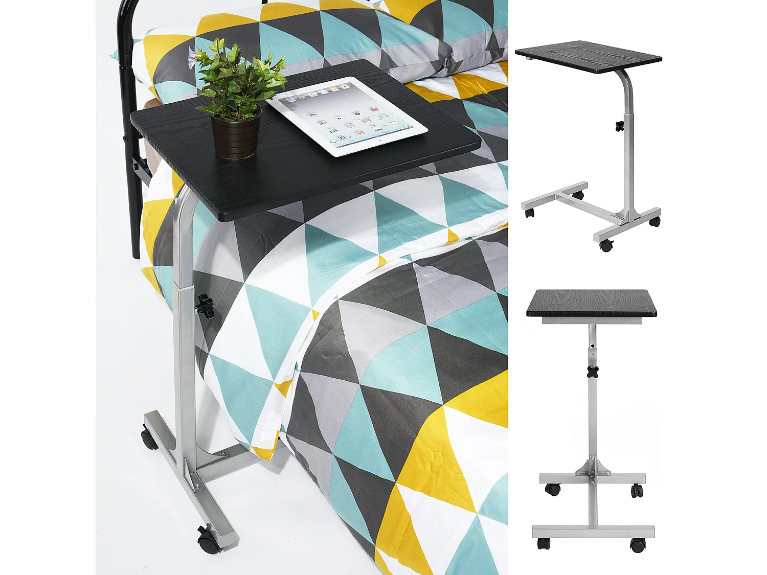 Table de Lit pour Ordinateur Portable Hauteur Réglable 4 roulettes Verrouillables Support Bois Bureau PC, Métal, Noir 2, 48x37x79 cm