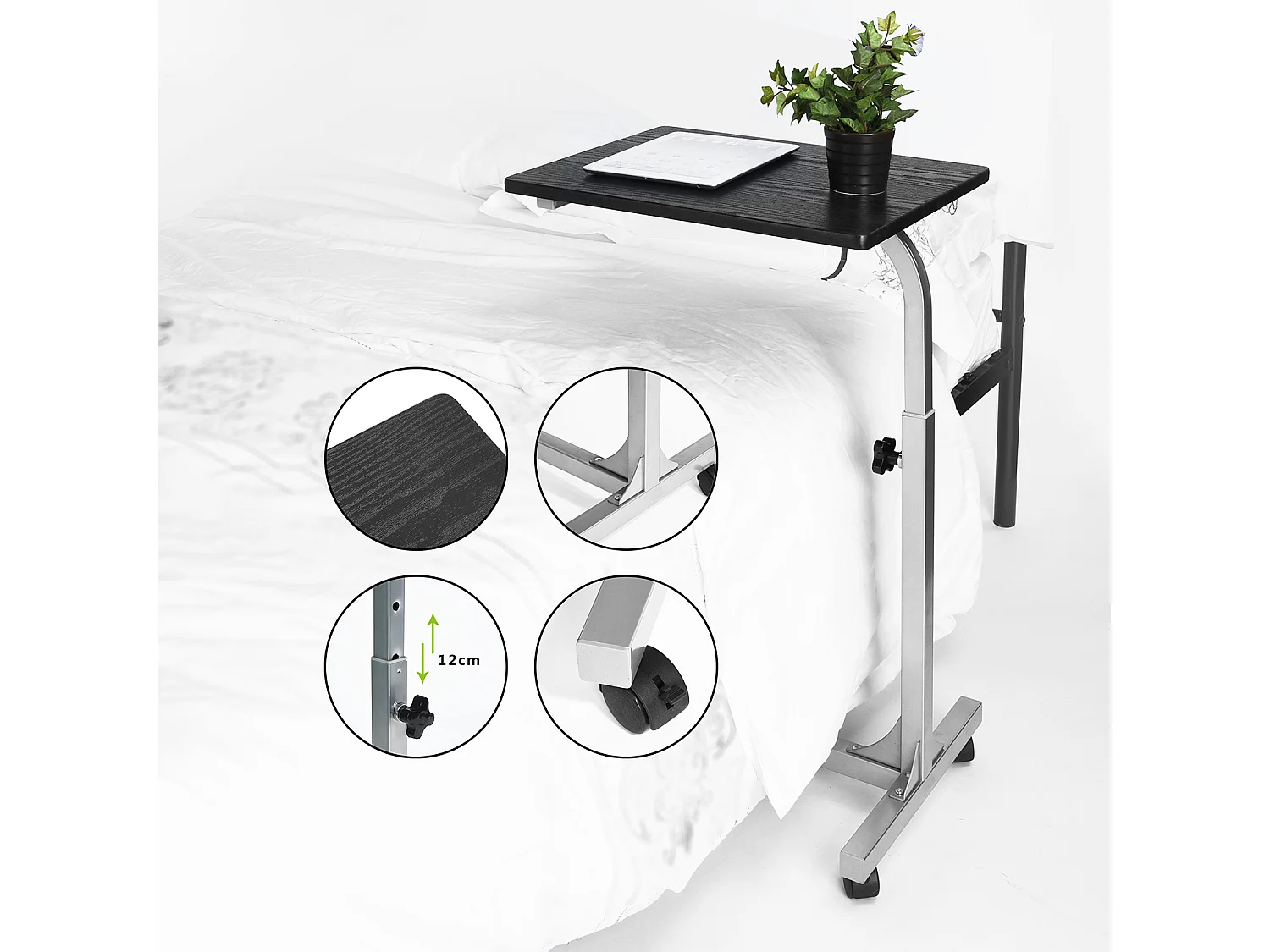 Table de Lit pour Ordinateur Portable Hauteur Réglable 4 roulettes Verrouillables Support Bois Bureau PC, Métal, Noir 2, 48x37x79 cm