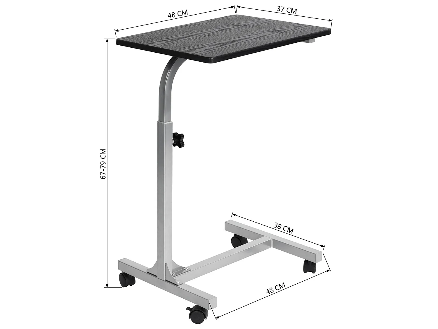 Table de Lit pour Ordinateur Portable Hauteur Réglable 4 roulettes Verrouillables Support Bois Bureau PC, Métal, Noir 2, 48x37x79 cm