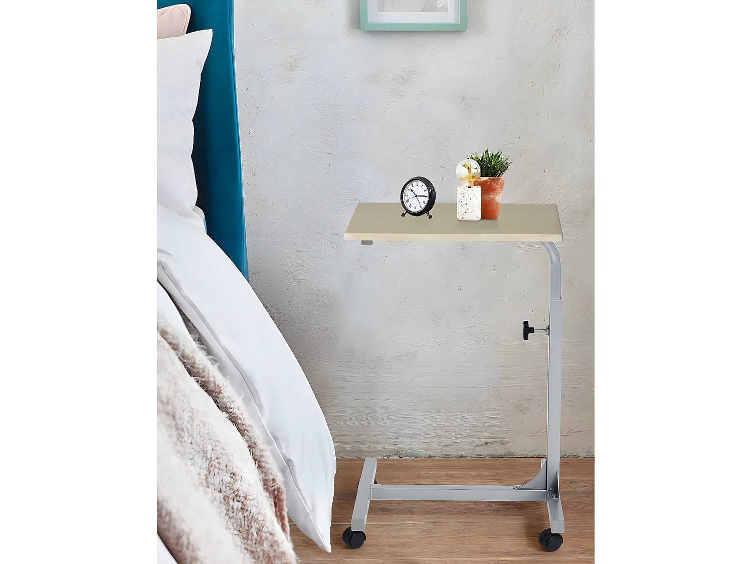 Table de Lit pour Ordinateur Portable Hauteur Réglable 4 roulettes Verrouillables Support Bois Bureau PC, Métal, Chêne 2, 48x37x79 cm