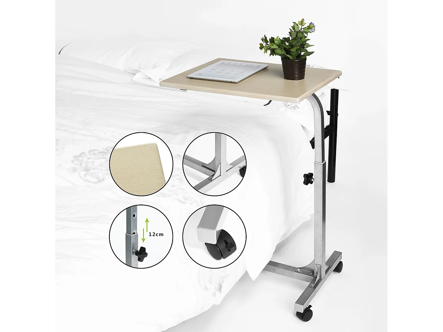 Table de Lit pour Ordinateur Portable Hauteur Réglable 4 roulettes Verrouillables Support Bois Bureau PC, Métal, Chêne 2, 48x37x79 cm