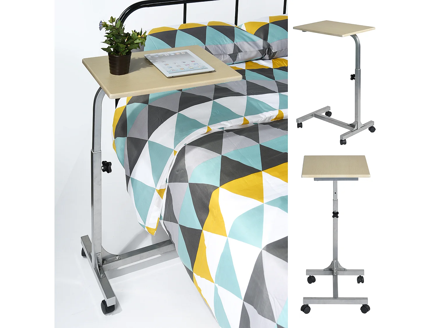 Table de Lit pour Ordinateur Portable Hauteur Réglable 4 roulettes Verrouillables Support Bois Bureau PC, Métal, Chêne 2, 48x37x79 cm