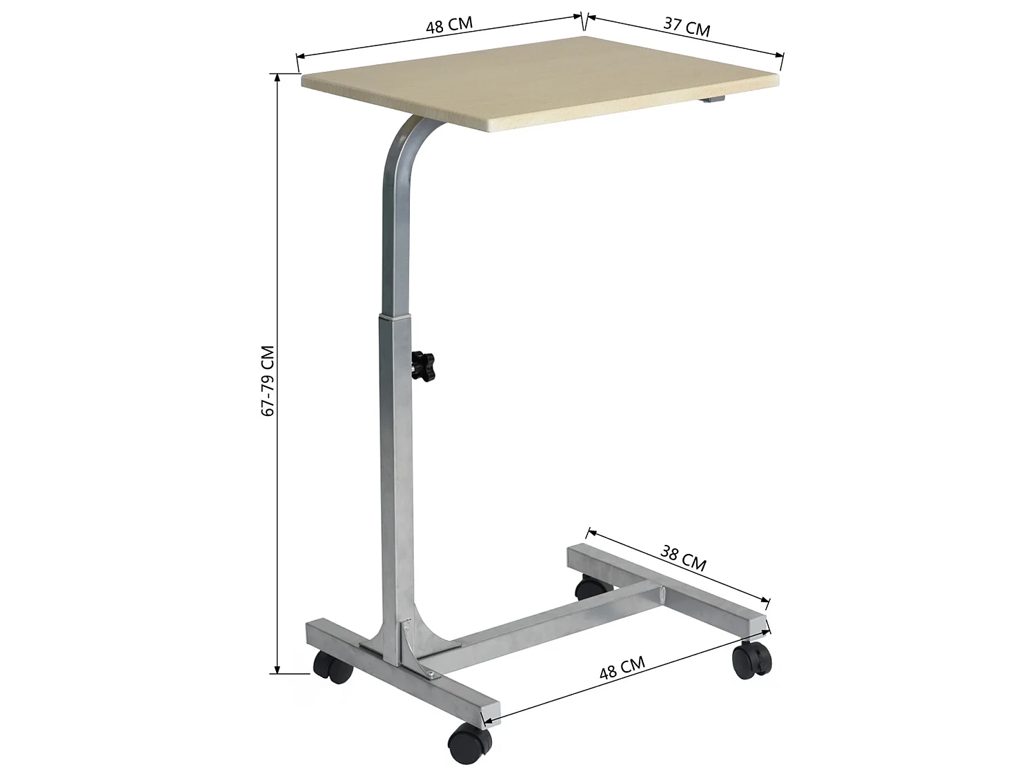 Table de Lit pour Ordinateur Portable Hauteur Réglable 4 roulettes Verrouillables Support Bois Bureau PC, Métal, Chêne 2, 48x37x79 cm