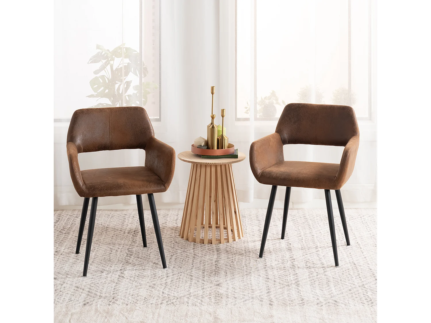 MEUBLES COSY Lot de 2 Chaises de Salle à Manger Fauteuil Rétro Vintage Assise rembourrée en en suédine Pieds en métal pour Cuisine Salon Chambre Bureau, Brune, Marron