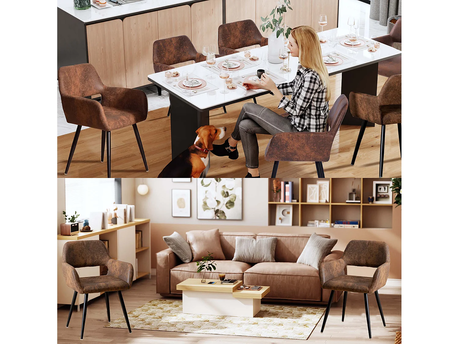 MEUBLES COSY Lot de 2 Chaises de Salle à Manger Fauteuil Rétro Vintage Assise rembourrée en en suédine Pieds en métal pour Cuisine Salon Chambre Bureau, Brune, Marron