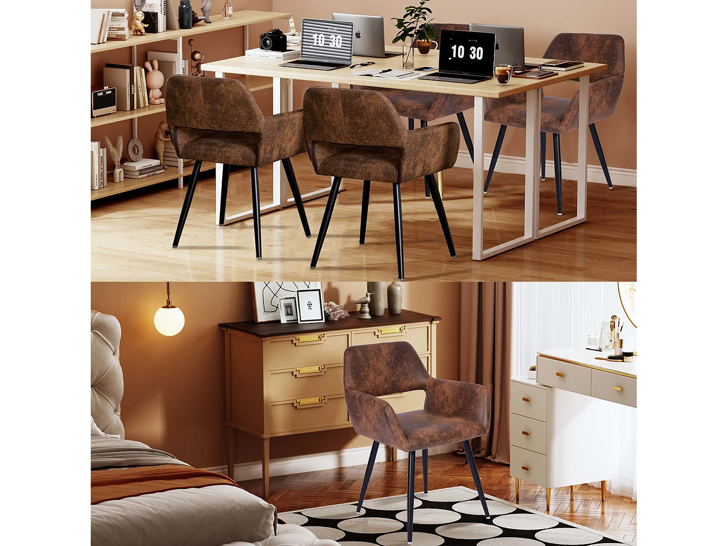 MEUBLES COSY Lot de 2 Chaises de Salle à Manger Fauteuil Rétro Vintage Assise rembourrée en en suédine Pieds en métal pour Cuisine Salon Chambre Bureau, Brune, Marron