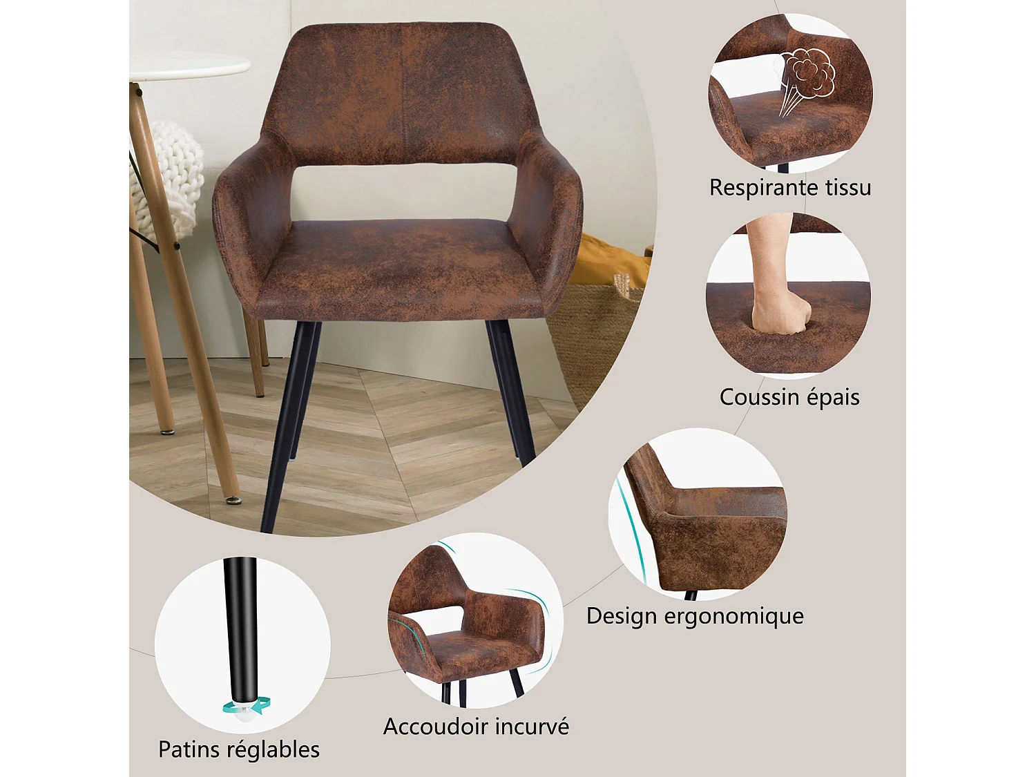MEUBLES COSY Lot de 2 Chaises de Salle à Manger Fauteuil Rétro Vintage Assise rembourrée en en suédine Pieds en métal pour Cuisine Salon Chambre Bureau, Brune, Marron