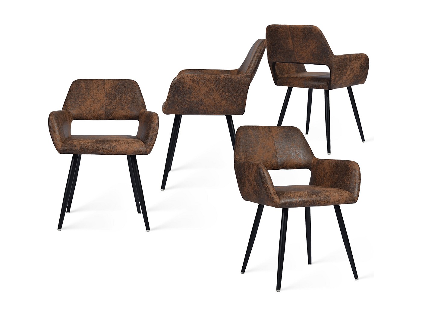 Lot De 4 Chaises De Salle à Manger En Simili Cuir - Rembourrées, Pieds Métal - Marron Foncé - Design Rétro Moderne