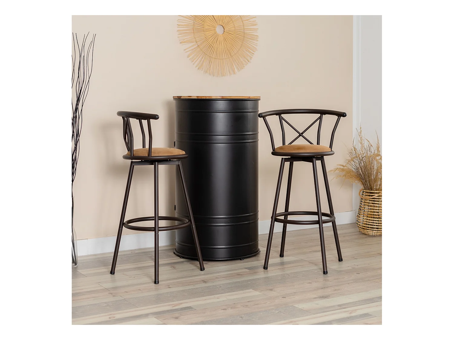 Lot de 2 Chaises de Bar pivotant sur 360° avec Dossier et Repose-Pieds Marron Rustique et Noir
