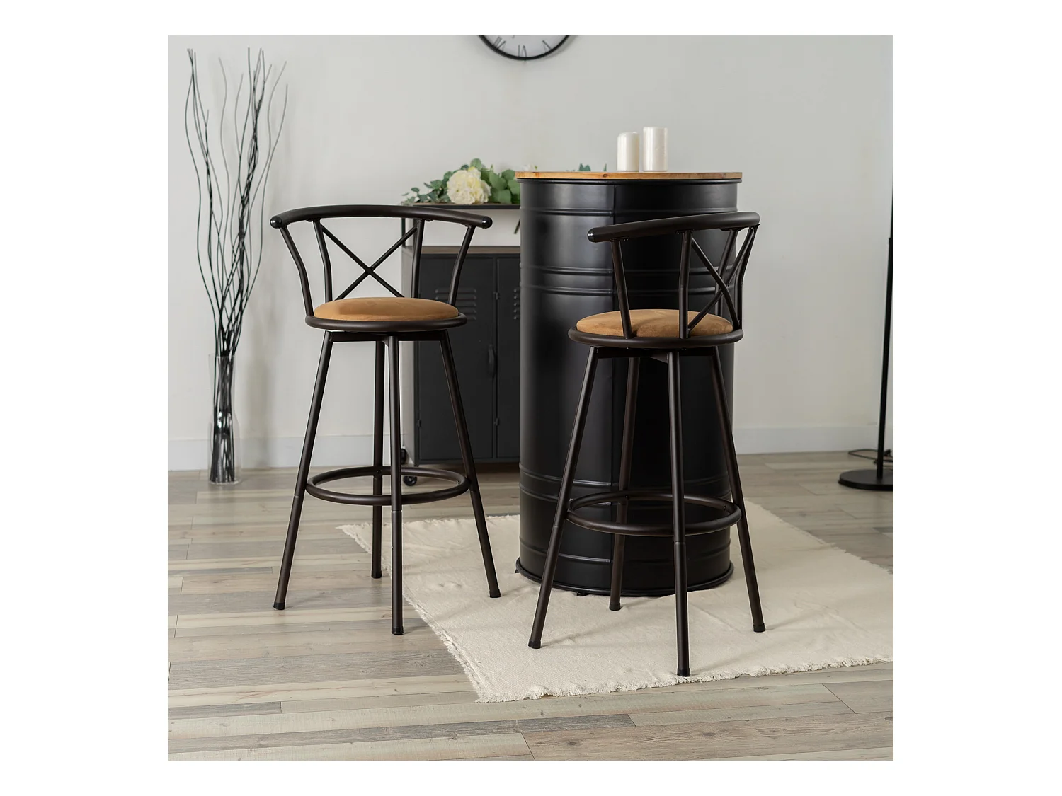 Lot de 2 Chaises de Bar pivotant sur 360° avec Dossier et Repose-Pieds Marron Rustique et Noir