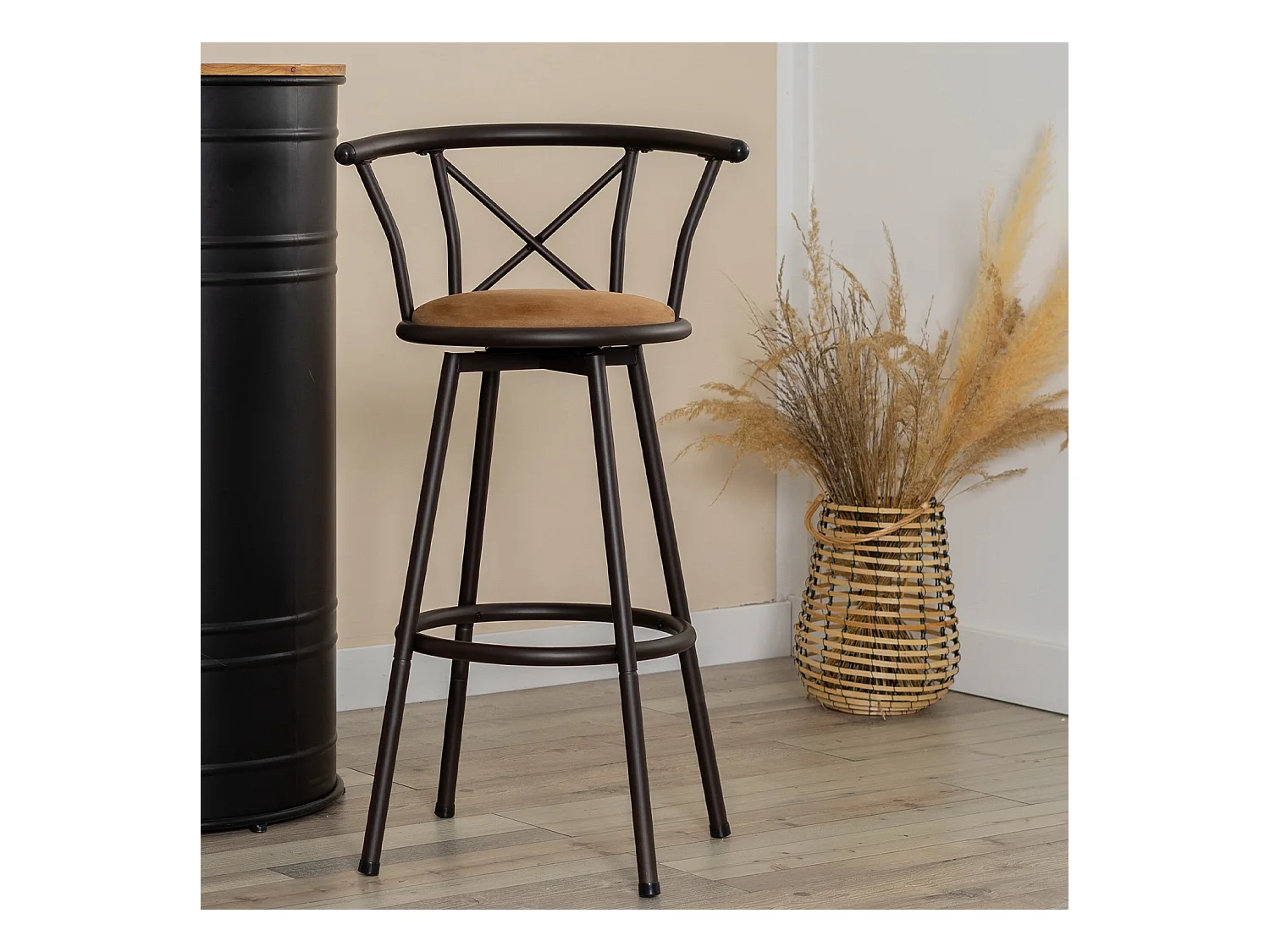 Lot de 2 Chaises de Bar pivotant sur 360° avec Dossier et Repose-Pieds Marron Rustique et Noir