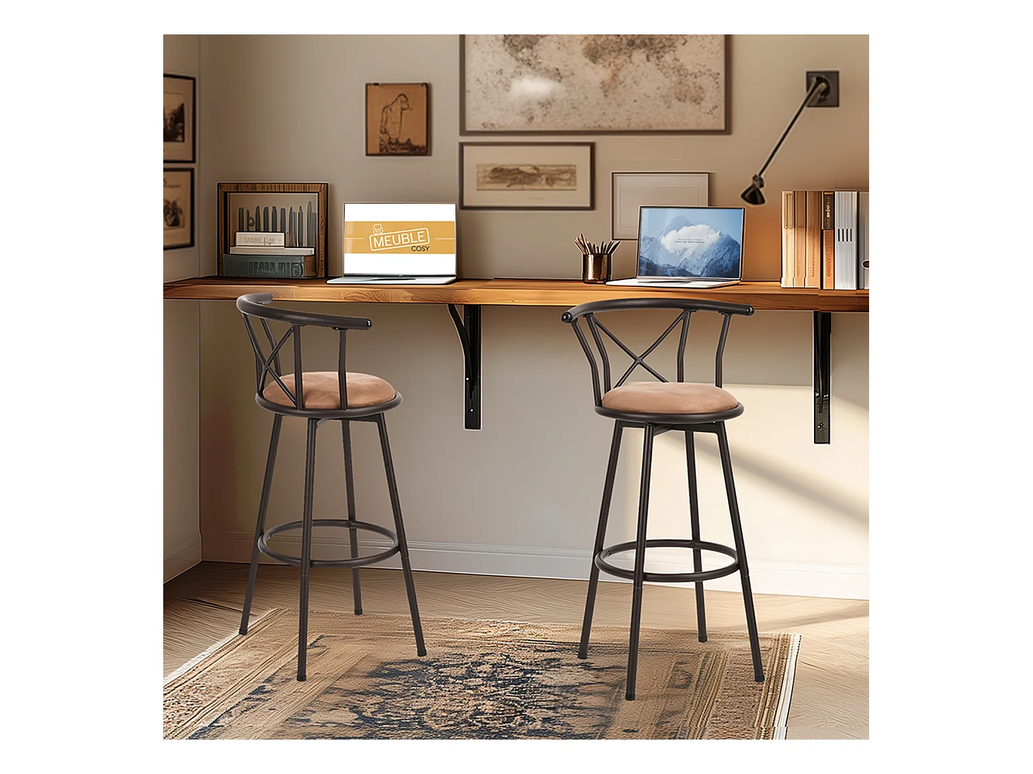 Lot de 2 Chaises de Bar pivotant sur 360° avec Dossier et Repose-Pieds Marron Rustique et Noir