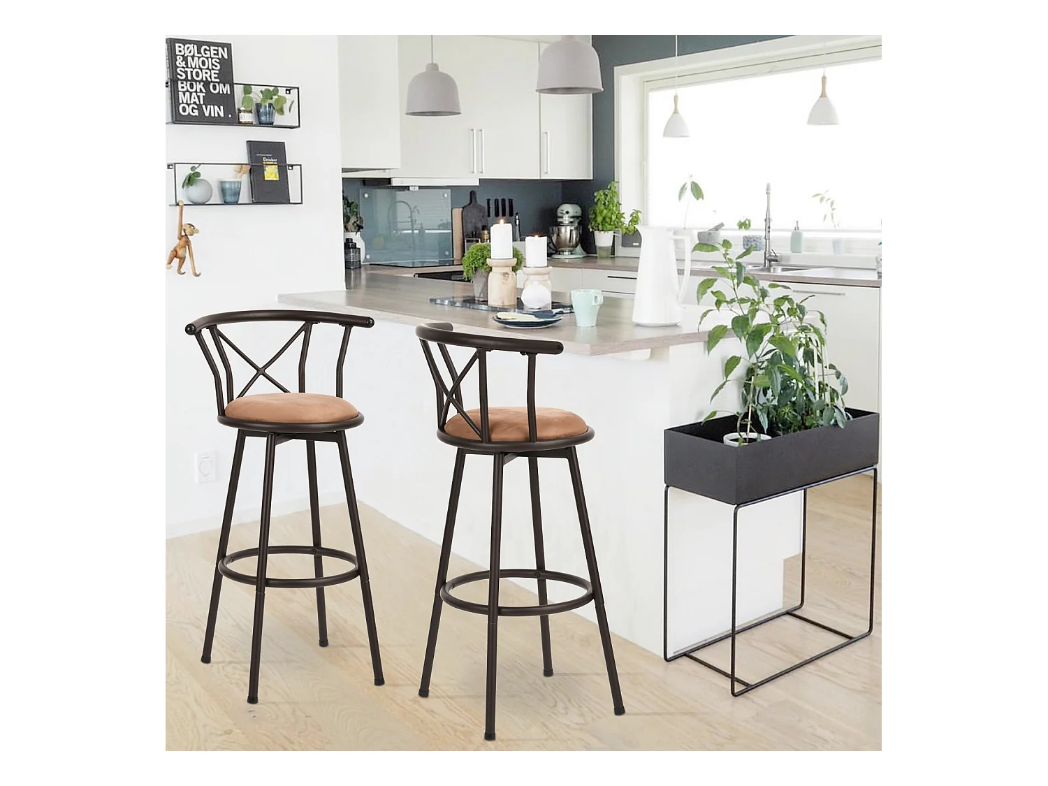 Lot de 2 Chaises de Bar pivotant sur 360° avec Dossier et Repose-Pieds Marron Rustique et Noir
