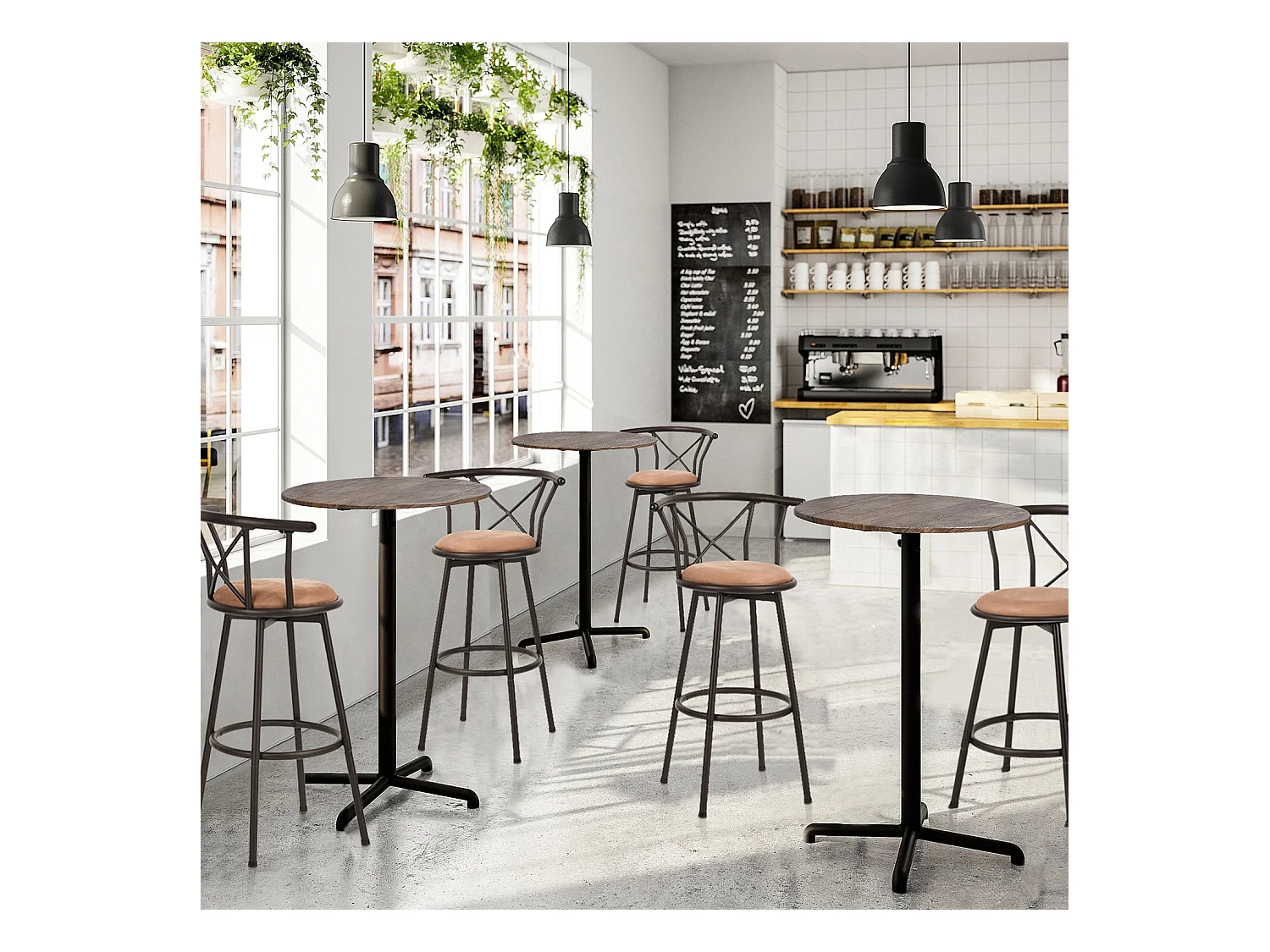 Lot de 2 Chaises de Bar pivotant sur 360° avec Dossier et Repose-Pieds Marron Rustique et Noir