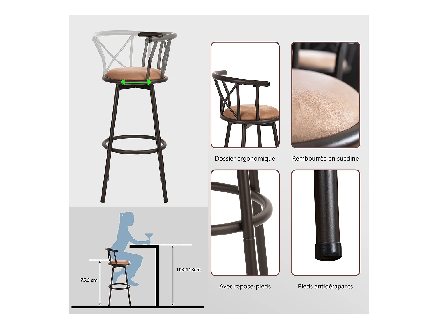 Lot de 2 Chaises de Bar pivotant sur 360° avec Dossier et Repose-Pieds Marron Rustique et Noir