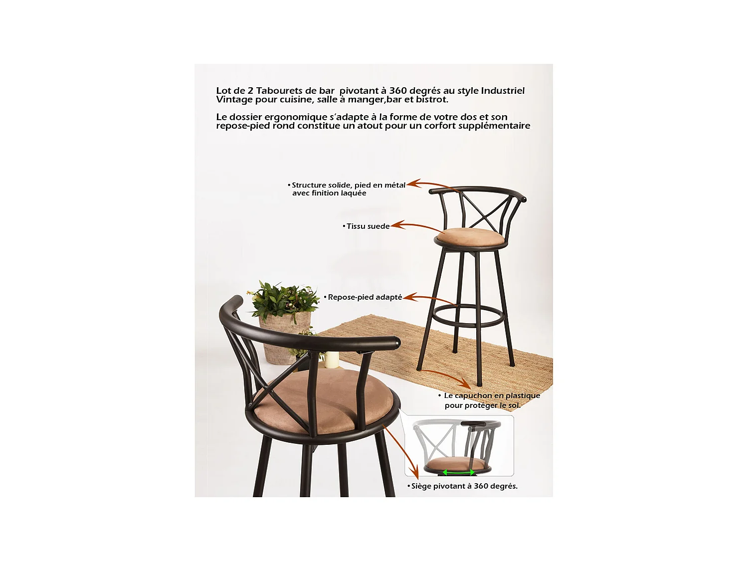 Lot de 2 Chaises de Bar pivotant sur 360° avec Dossier et Repose-Pieds Marron Rustique et Noir