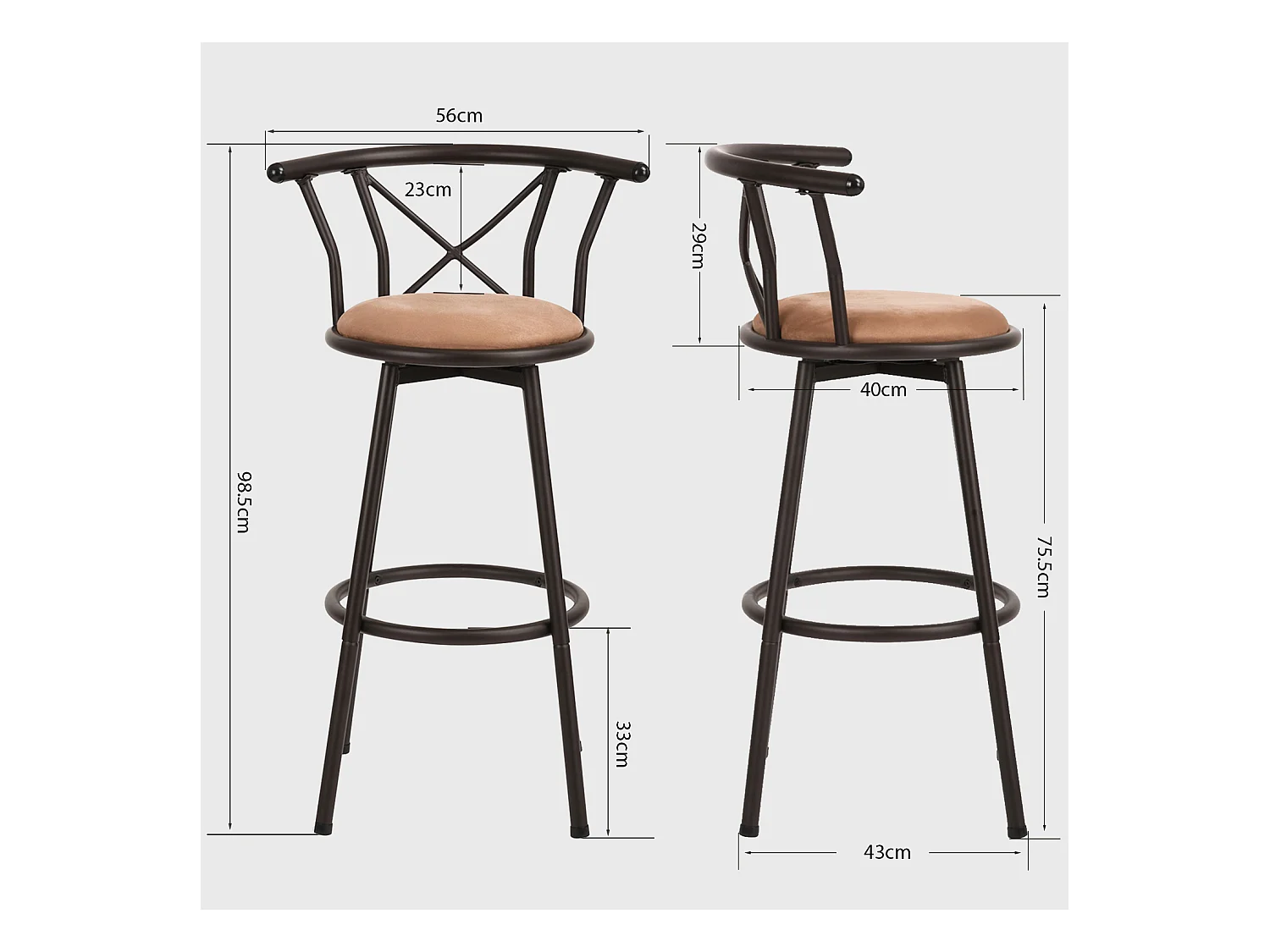 Lot de 2 Chaises de Bar pivotant sur 360° avec Dossier et Repose-Pieds Marron Rustique et Noir