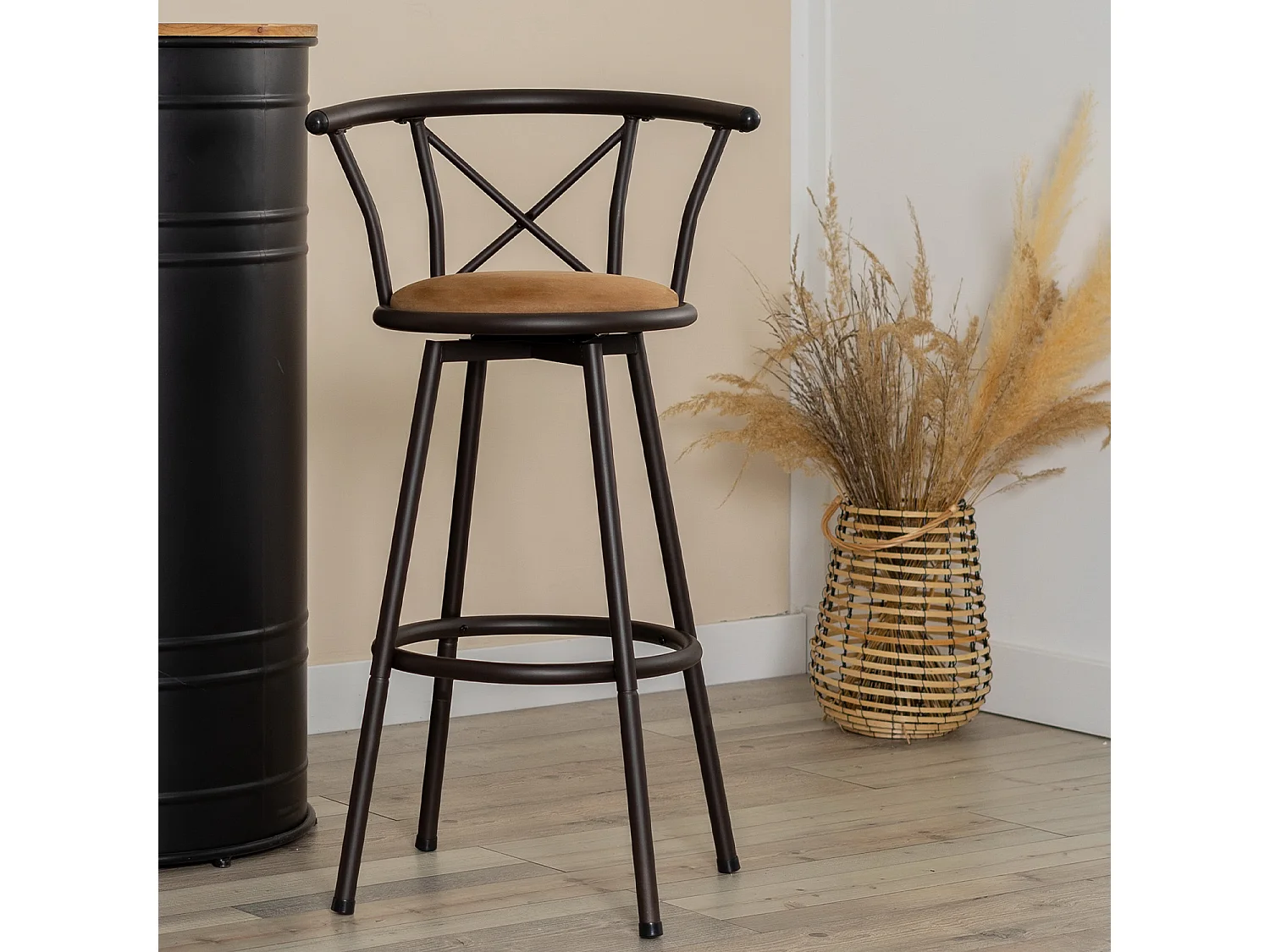 Lot de 2 Chaises de Bar pivotant sur 360° avec Dossier et Repose-Pieds Marron Rustique et Noir
