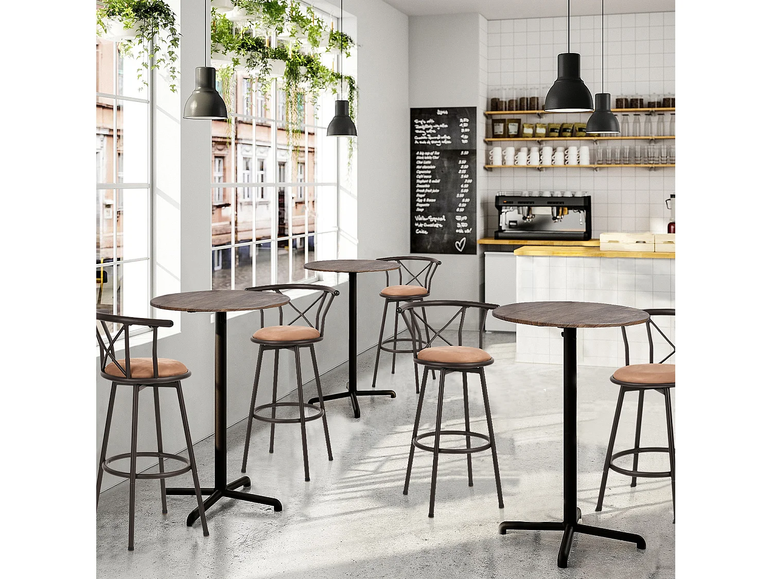 Lot de 2 Chaises de Bar pivotant sur 360° avec Dossier et Repose-Pieds Marron Rustique et Noir