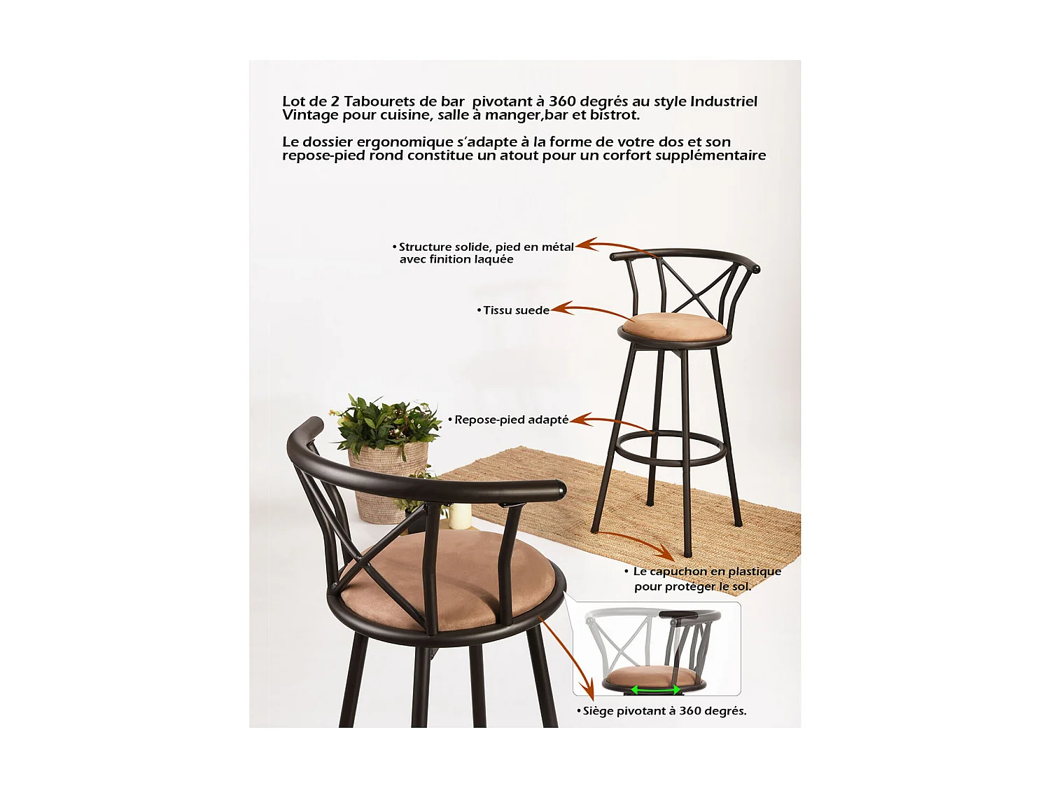 Lot de 2 Chaises de Bar pivotant sur 360° avec Dossier et Repose-Pieds Marron Rustique et Noir