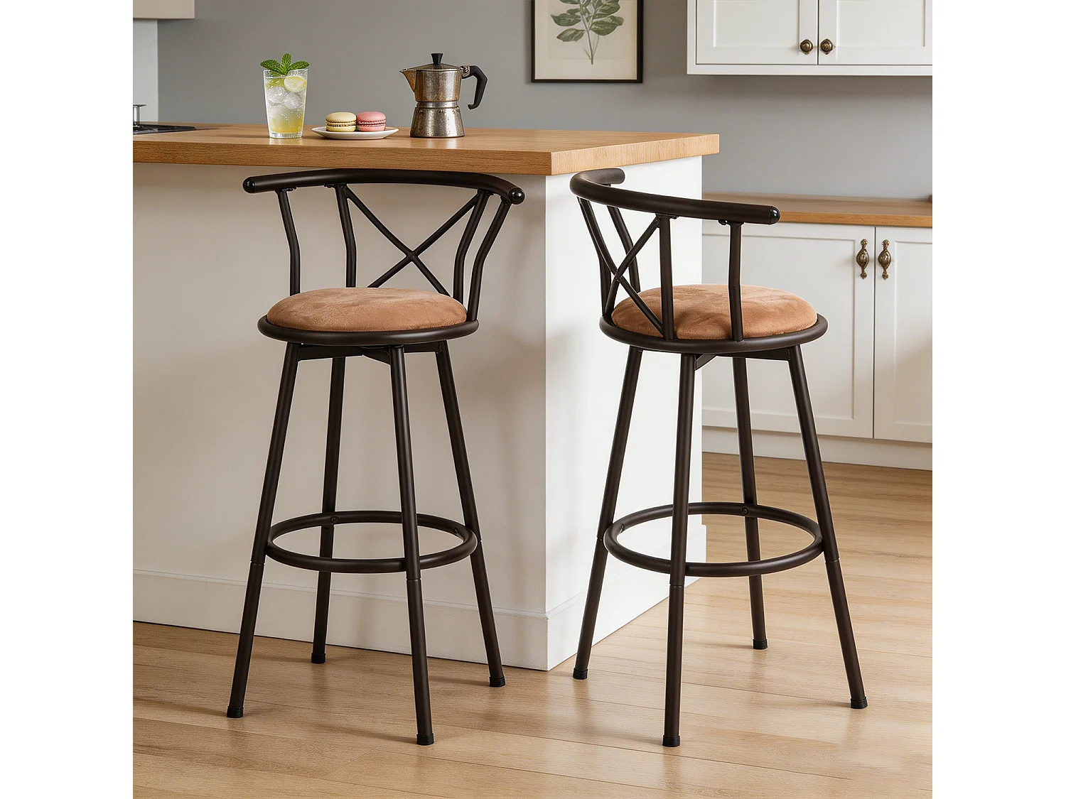 Lot de 2 Chaises de Bar pivotant sur 360° avec Dossier et Repose-Pieds Marron Rustique et Noir